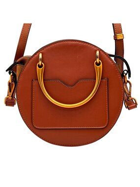 Round Leather Crossbody Bag With Gold Handles And Adjustable Strap Brown & Suede
